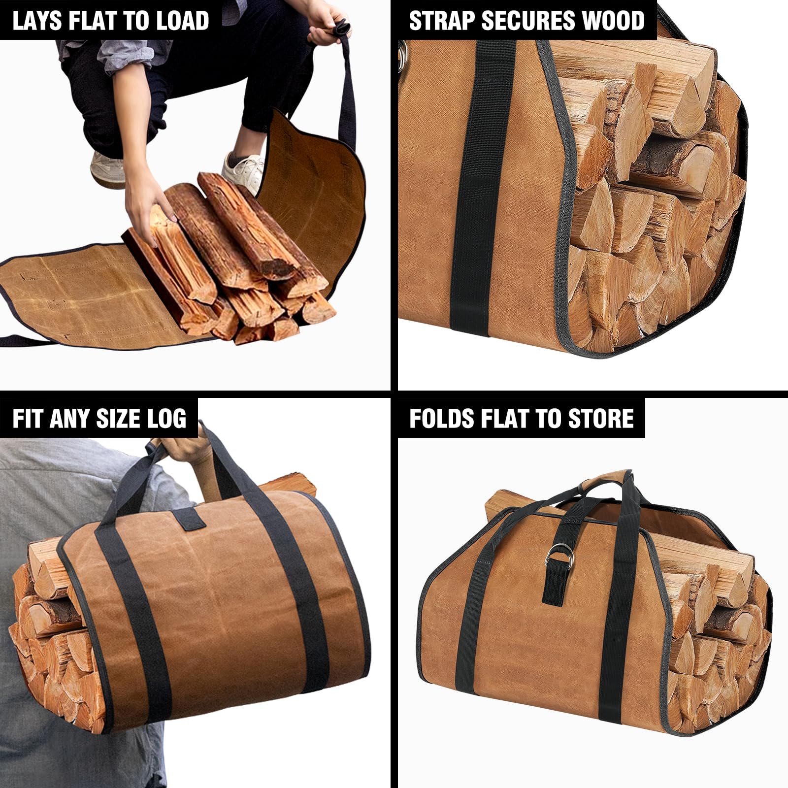 Maliansun Waxed Canvas Log Carrier Bag, Durable Wood Tote Water Resistant for Indoor Outdoor, Fireplace Stove Accessories Firewood Wood Carrying Bag at Home or for Camping Trip Christmas Gift