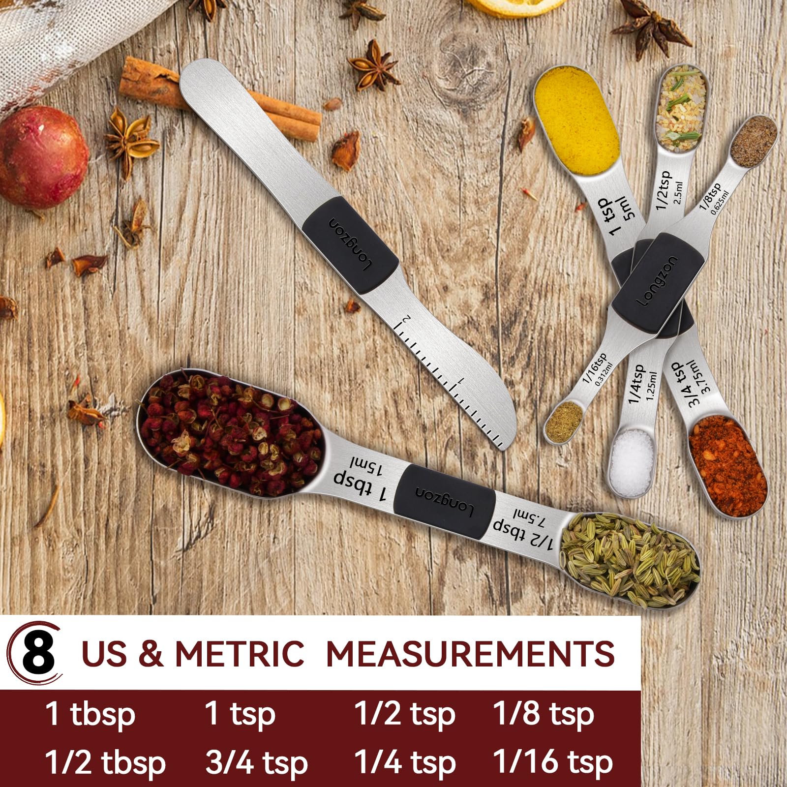 [2024 NEW] longzon 8 Full-Sized Measurements Magnetic Measuring Spoon Set with Leveler - Durable Engraved Markings, Magnetic Absorbent, Stackable Stainless Steel - Suitable for Most Spice Jars