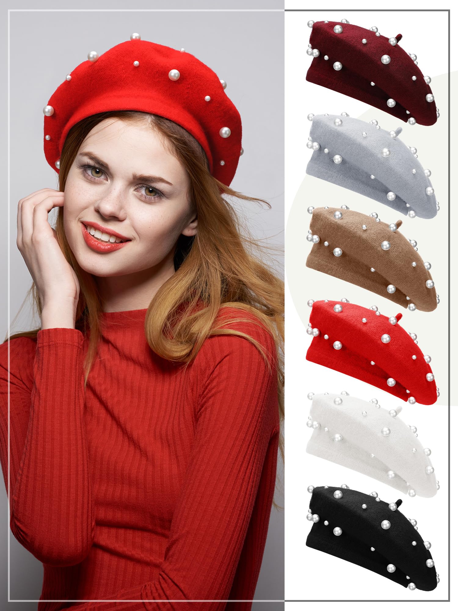 Vabean Wool Berets Pearl Beaded Beret Cap Beanie French Beret Hats for Women Sweet Elegant Starry Pearl Hat(Chic Color,6 Pcs)