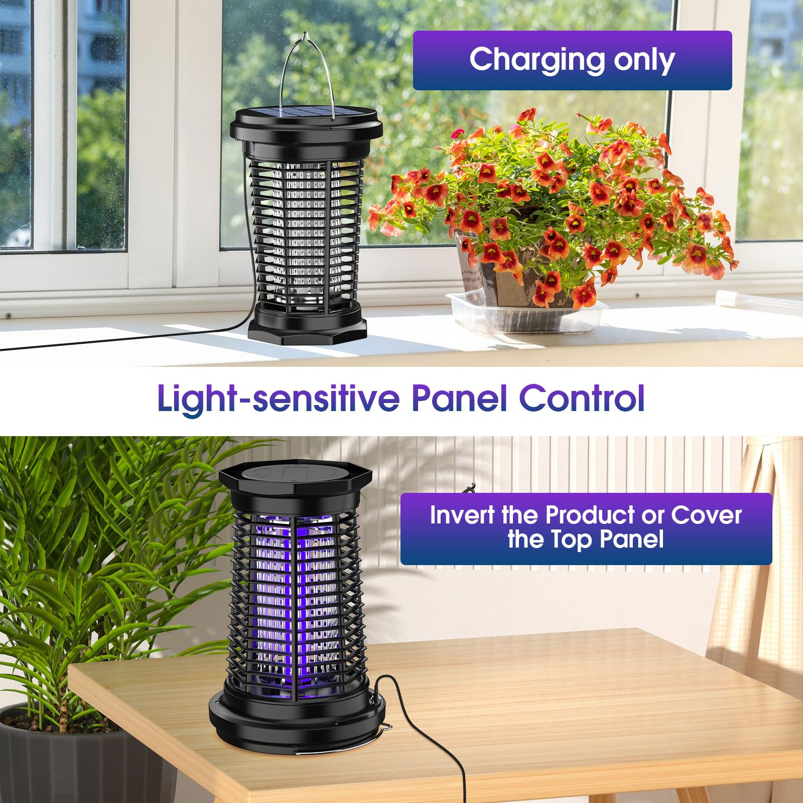 Solar Bug Zapper for Outdoor & Indoor, USB Rechargeable Mosquito Killer Lamp with UV Light, 4500V Electric Fly Traps, 5.5W Insect Zapper for Patio, Home, Backyard, Garden, Camping