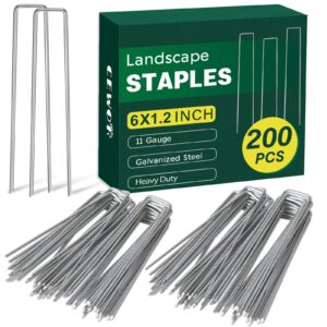 cewor 200 pack landscape staples 6 inches, 11 gauge galvanized landscape fabric stakes metal garden ground stakes sod pins for lawn, barrier fabric, holding fence, ground cover