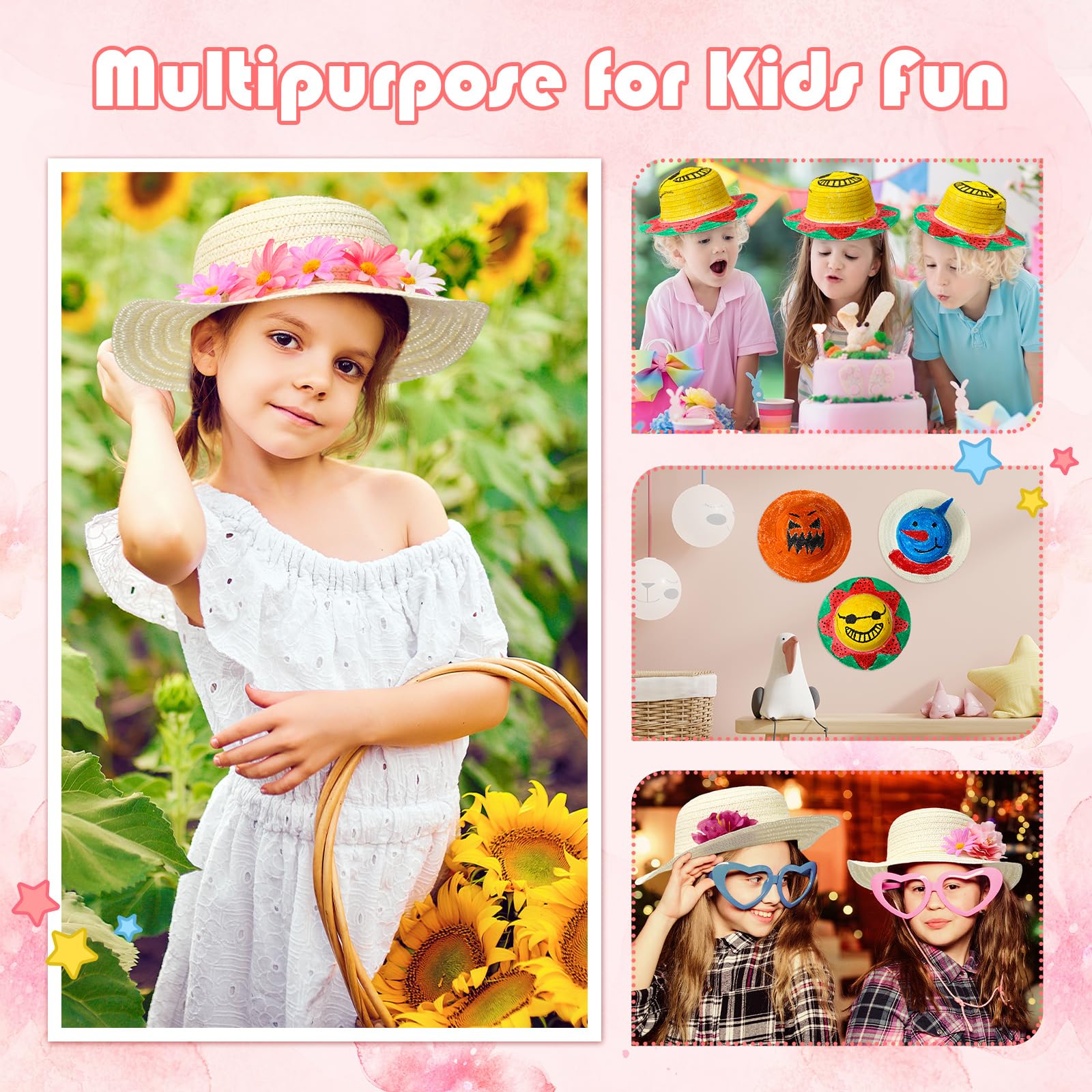 Mepase 70 Pcs DIY Straw Hat with Flower Girls Tea Party Straw Hat 10 Straw Hat 60 Airtificial Flower Cowboy Kids Dress Up Hat (Colorful,Small (Age 2-5))