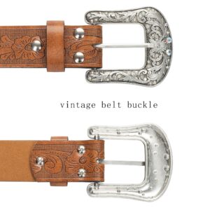 Eohak Western-Belt-for-Women-Cowgirl, PU-Leather-Waist-Belts with Vintage-Carved-Buckle and Tips-Ends for Jean Dress