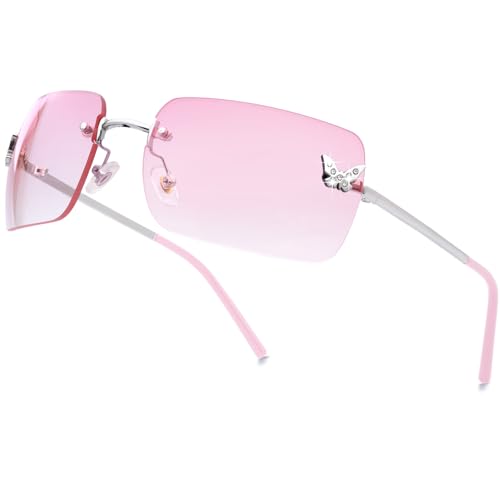 knliwkm Rimless Rectangle Y2k Sunglasses for Women Men Cute Small Frameless Pink Tinted Lens 2000S Fashion Shades with Butterfly