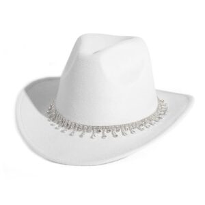 HUDANHUWEI Rhinestone Cowgirl Cowboy Hat Shiny Wide Brim Hat for Party B-White