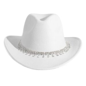 HUDANHUWEI Rhinestone Cowgirl Cowboy Hat Shiny Wide Brim Hat for Party B-White