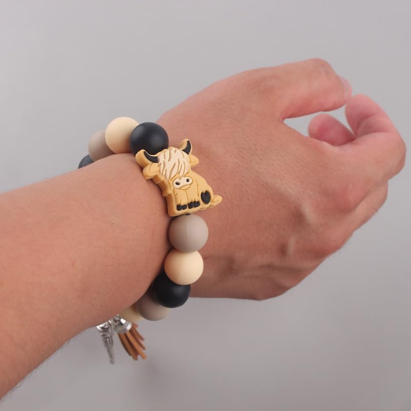 tenghong2021 Cute Highland Cow Keychain Elk Goat Wristlet Cattle Gifts Tassel Key Ring Bead Bracelet for Women (Yak（Khaki）)