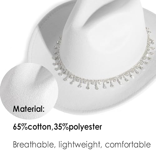 HUDANHUWEI Rhinestone Cowgirl Cowboy Hat Shiny Wide Brim Hat for Party B-White