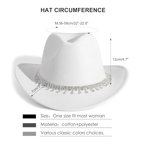 HUDANHUWEI Rhinestone Cowgirl Cowboy Hat Shiny Wide Brim Hat for Party B-White