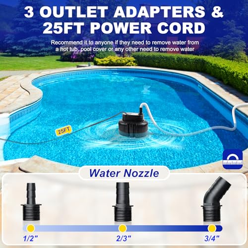 UniWater Pool Cover Pump above Ground-Submersible Sump Pump Swimming Water Removal Pumps, Sump Pump for Pool Draining with 16ft Drainage Hose & 25 ft Extra Long Power Cord,850 GPH,3 Adapters-Black