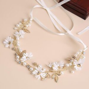 Auswalar 2 PCS Daisy Pearl Flower Vine Rhinestones Headband, Flower Headband Floral Hair Wreath Headpiece for Bridal Women Girls Hippie Wedding Party