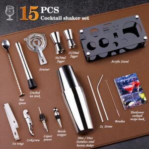 Cocktail Shaker Set Bartender Kit : 15-Piece Bar Tool Set with Acrylic Stand Bar Set with All Practical Bar Accessories, for Drink Mixing, Bar, Home, Lounge & Party, Silver