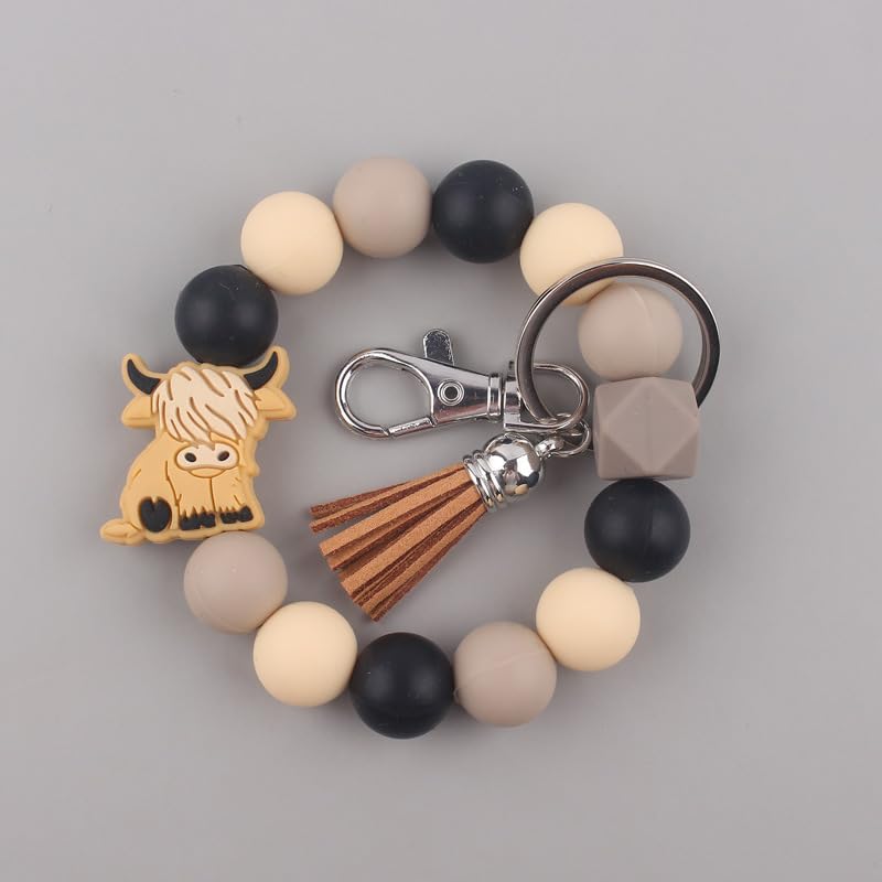 tenghong2021 Cute Highland Cow Keychain Elk Goat Wristlet Cattle Gifts Tassel Key Ring Bead Bracelet for Women (Yak（Khaki）)