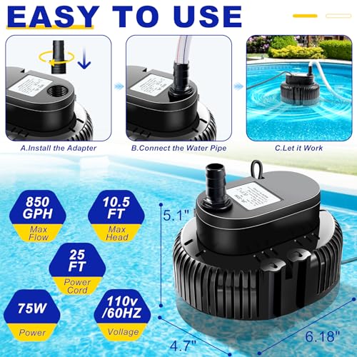 UniWater Pool Cover Pump above Ground-Submersible Sump Pump Swimming Water Removal Pumps, Sump Pump for Pool Draining with 16ft Drainage Hose & 25 ft Extra Long Power Cord,850 GPH,3 Adapters-Black