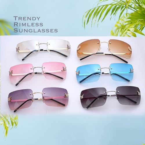 knliwkm Rimless Rectangle Y2k Sunglasses for Women Men Cute Small Frameless Pink Tinted Lens 2000S Fashion Shades with Butterfly