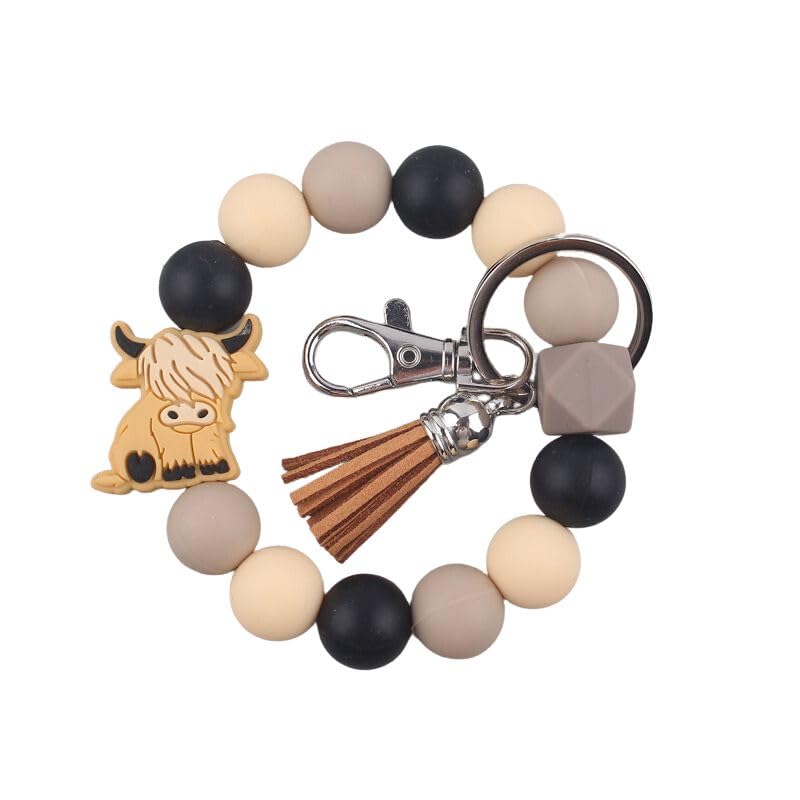 tenghong2021 Cute Highland Cow Keychain Elk Goat Wristlet Cattle Gifts Tassel Key Ring Bead Bracelet for Women (Yak（Khaki）)