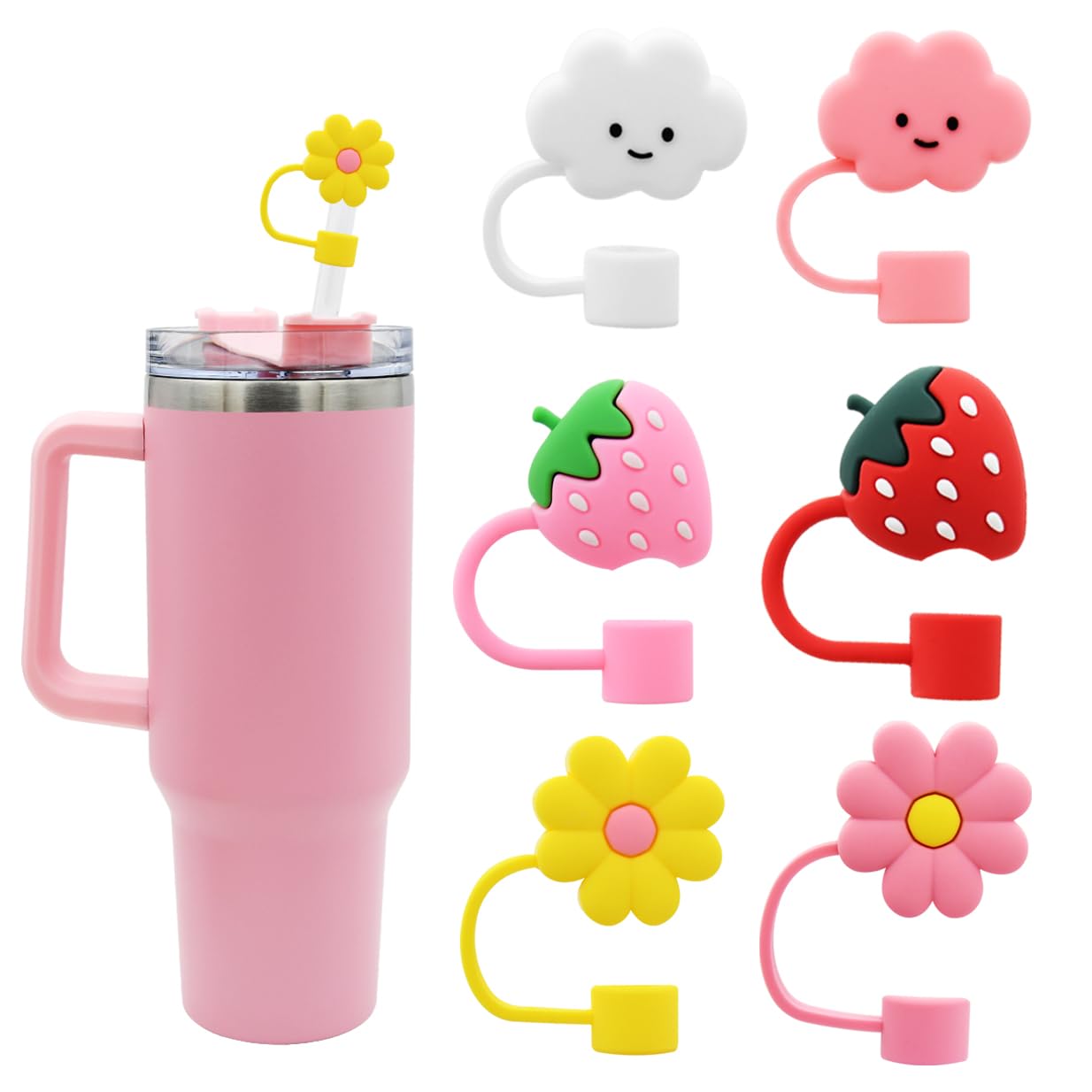 Flower Straw Cover Cap for Stanley Cup Silicone Straw Topper Compatible with 30 and 40 Oz Tumbler with Handle,Straw Tip Covers 10 mm 0.4 in for Straw Tip Covers (6pcs Strawberry Cloud Flower)