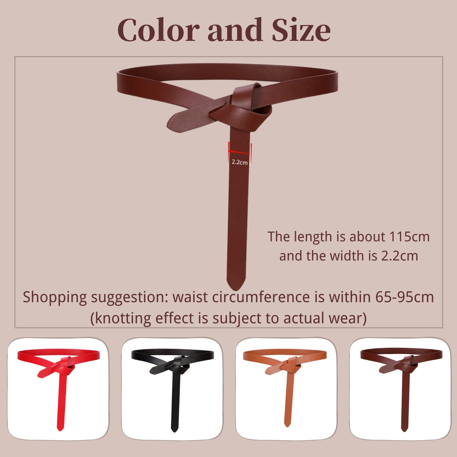 Women Fashion Knot Belt for Dress, Soft Leather Tie Waist Belt, Women Thin Waist Belt (Brown)