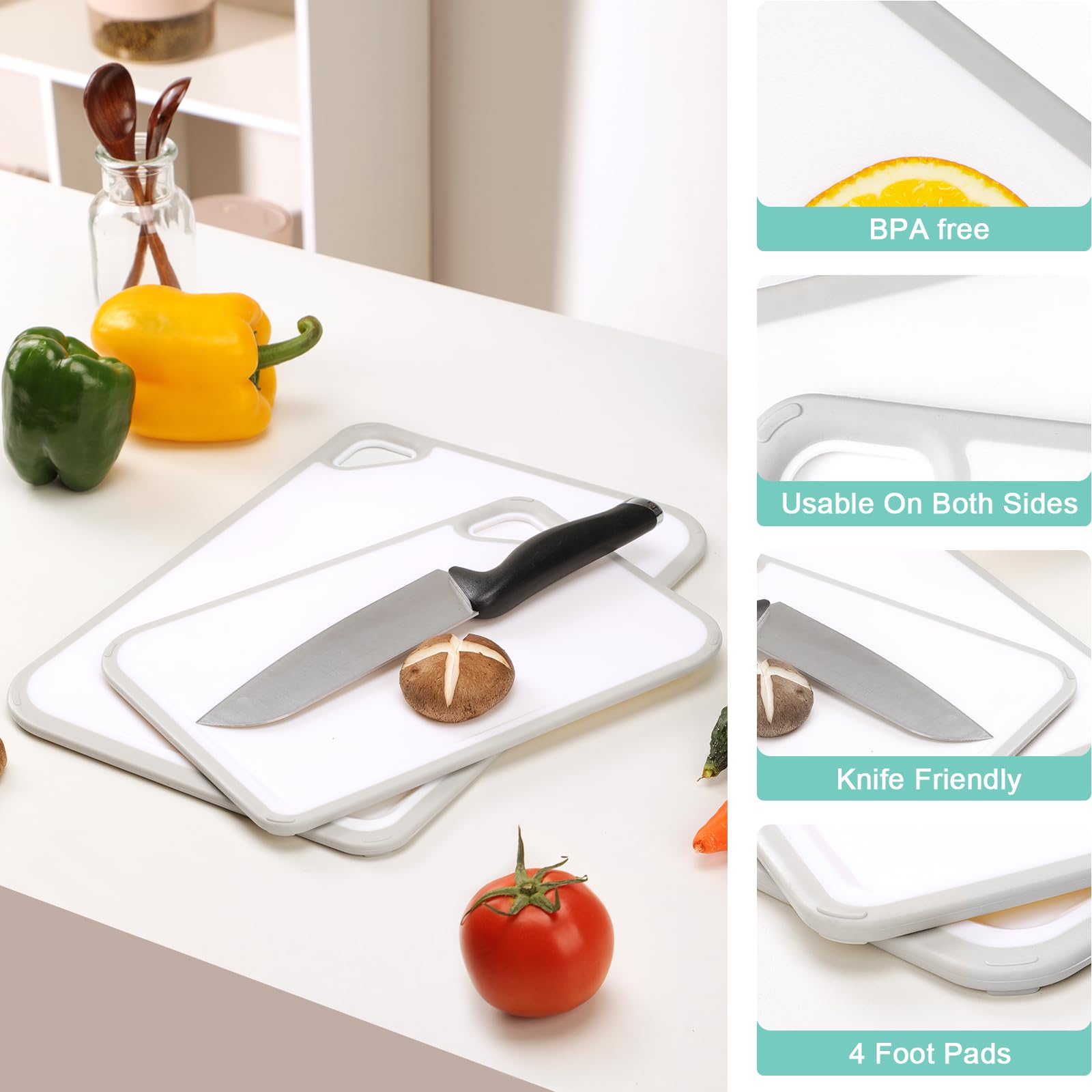 Bouaida Cutting Board, BPA Free Plastic Cutting Board, Non Slip Cutting, Juice Grooves, Hanging, Dishwasher Safe, Sturdy and Durable Kitchen Cutting Board Set (White Set)