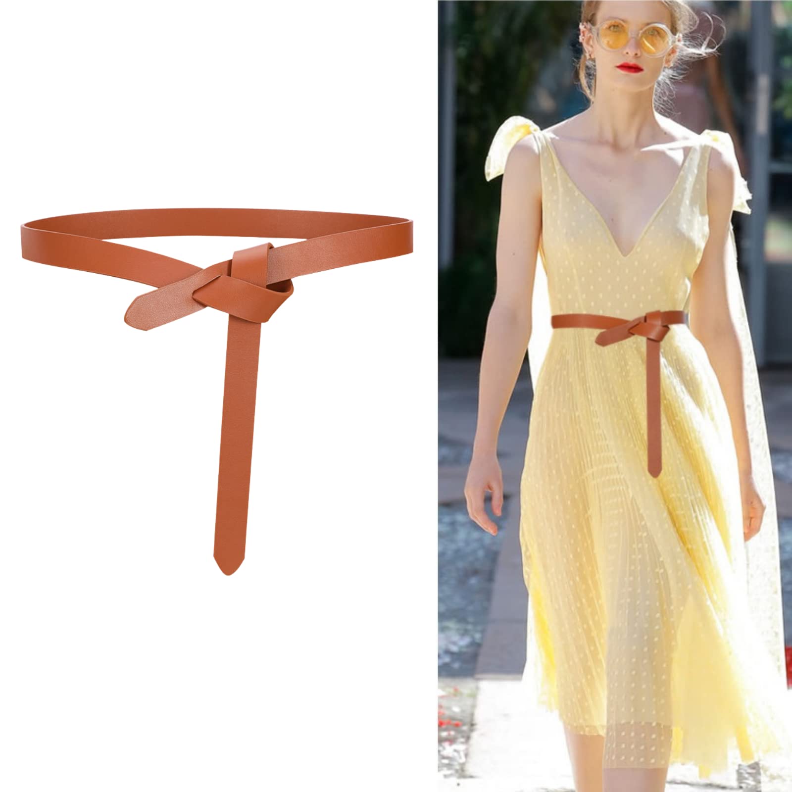 Women Fashion Knot Belt for Dress, Soft Leather Tie Waist Belt, Women Thin Waist Belt (Brown)