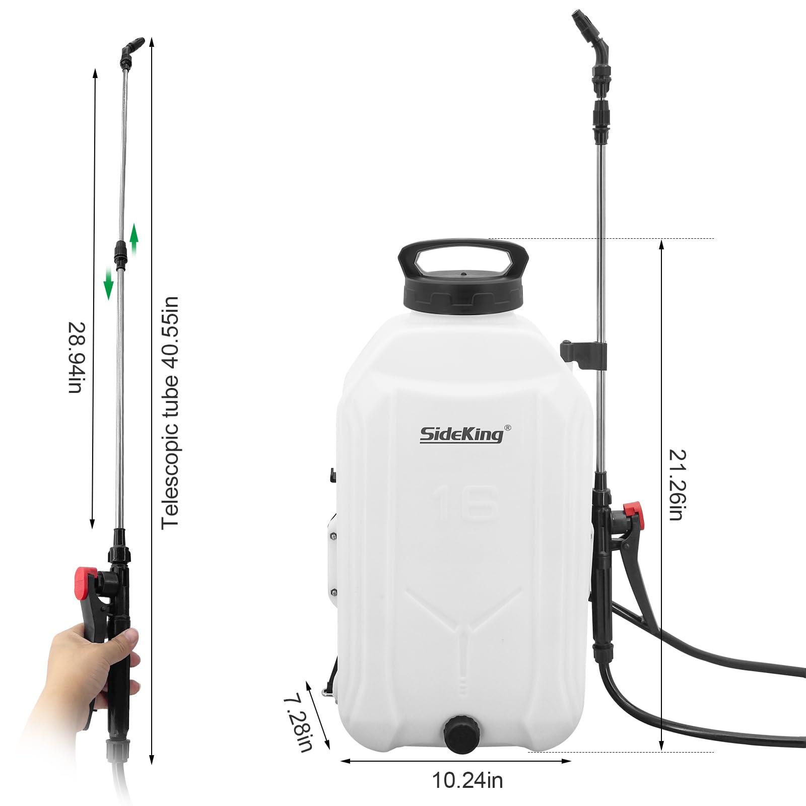 SideKing Battery Powered Backpack Sprayer 4 Gallon, Powerful Electric Garden Sprayer with 12V Rechargeable Battery, Telescopic Wand with Trigger-Lock and 4 Mist Nozzles (Charger Included)