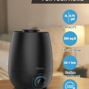 Humidifiers for Bedroom, Tiluza 3L Cool Mist Humidifier for Home Plant and Baby Nursery, Top Fill Quiet Ultrasonic Air Humidifier with 360° Nozzle, Auto Shut-Off, Filterless