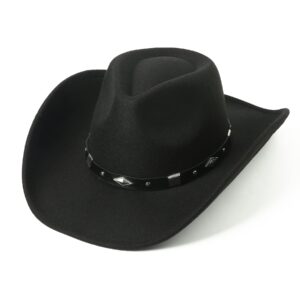 lanzom women men classic felt wide brim western cowboy cowgirl hat with belt buckle(black, large)