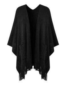 ferand women's shawl wraps with pockets open front fringe poncho cozy knit lightweight cardigan sweater,black