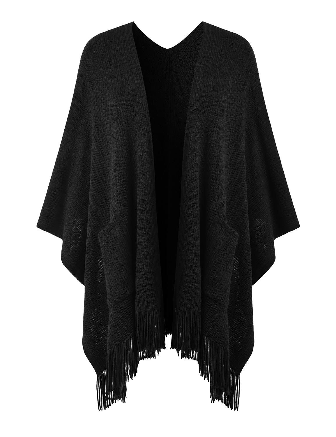 Ferand Women's Shawl Wraps with Pockets Open Front Fringe Poncho Cozy Knit Lightweight Cardigan Sweater,Black