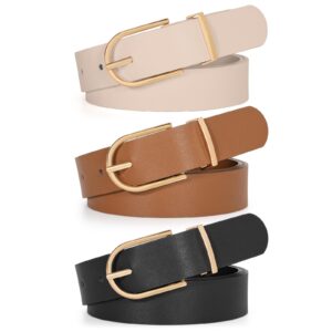 sansths 3 pack women faux leather chic belts for jeans pants fashion ladies belt solid color with gold curved pin buckle,black brown beige,m