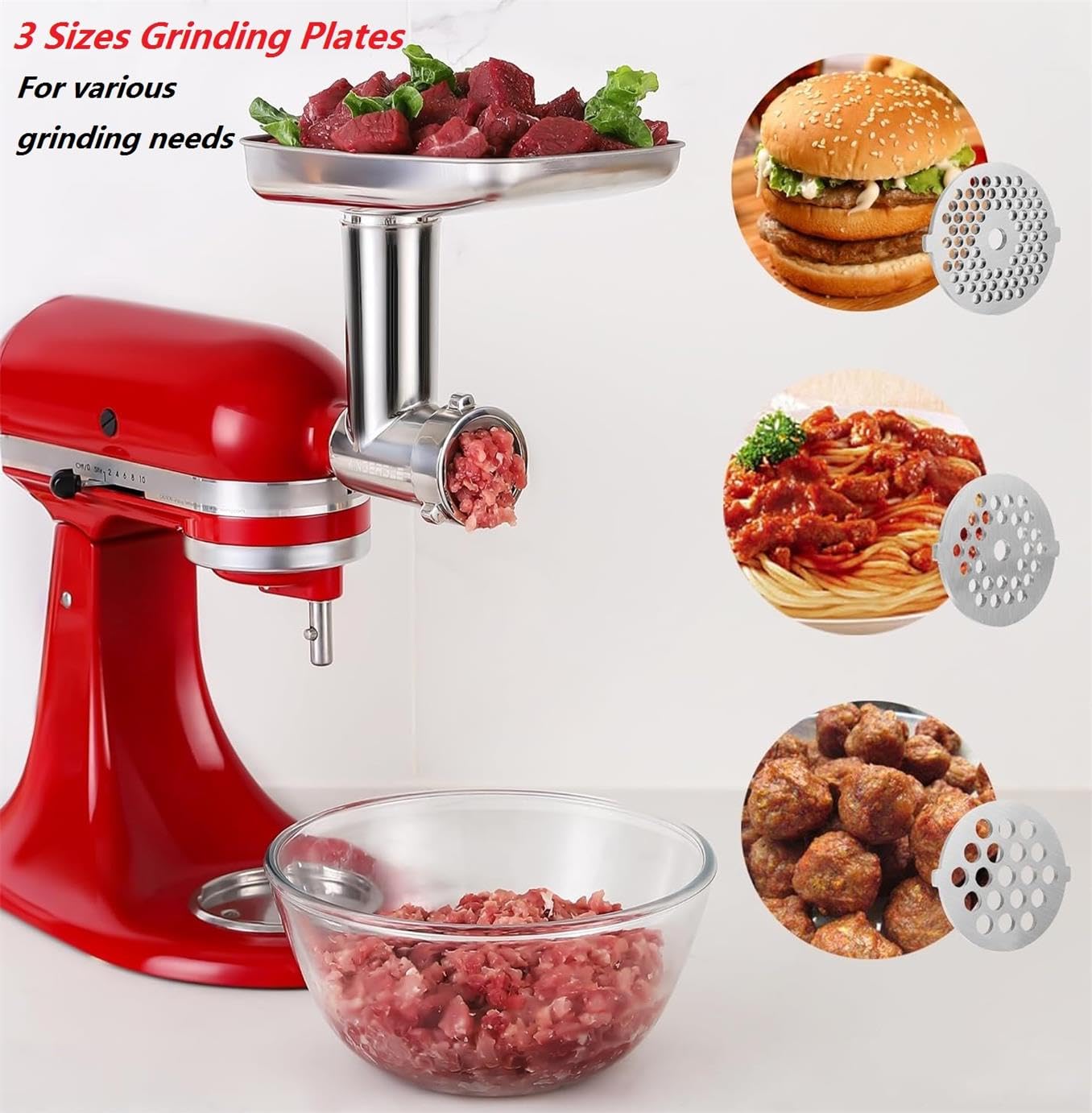 KINGEAGLE Food Grinder Attachment for KitchenAid Mixers,Stainless Steel Dishwasher Safe Meat Mincer Accessories Set Included 3 Sausage Stuffer Tubes