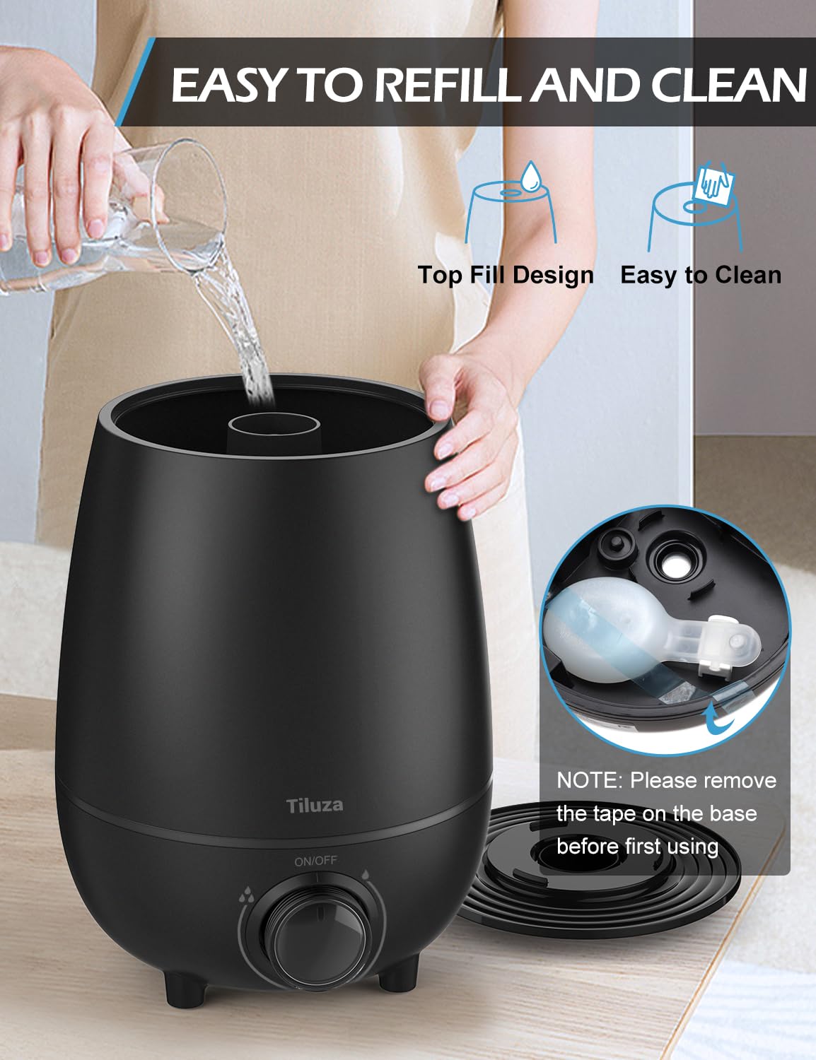 Humidifiers for Bedroom, Tiluza 3L Cool Mist Humidifier for Home Plant and Baby Nursery, Top Fill Quiet Ultrasonic Air Humidifier with 360° Nozzle, Auto Shut-Off, Filterless