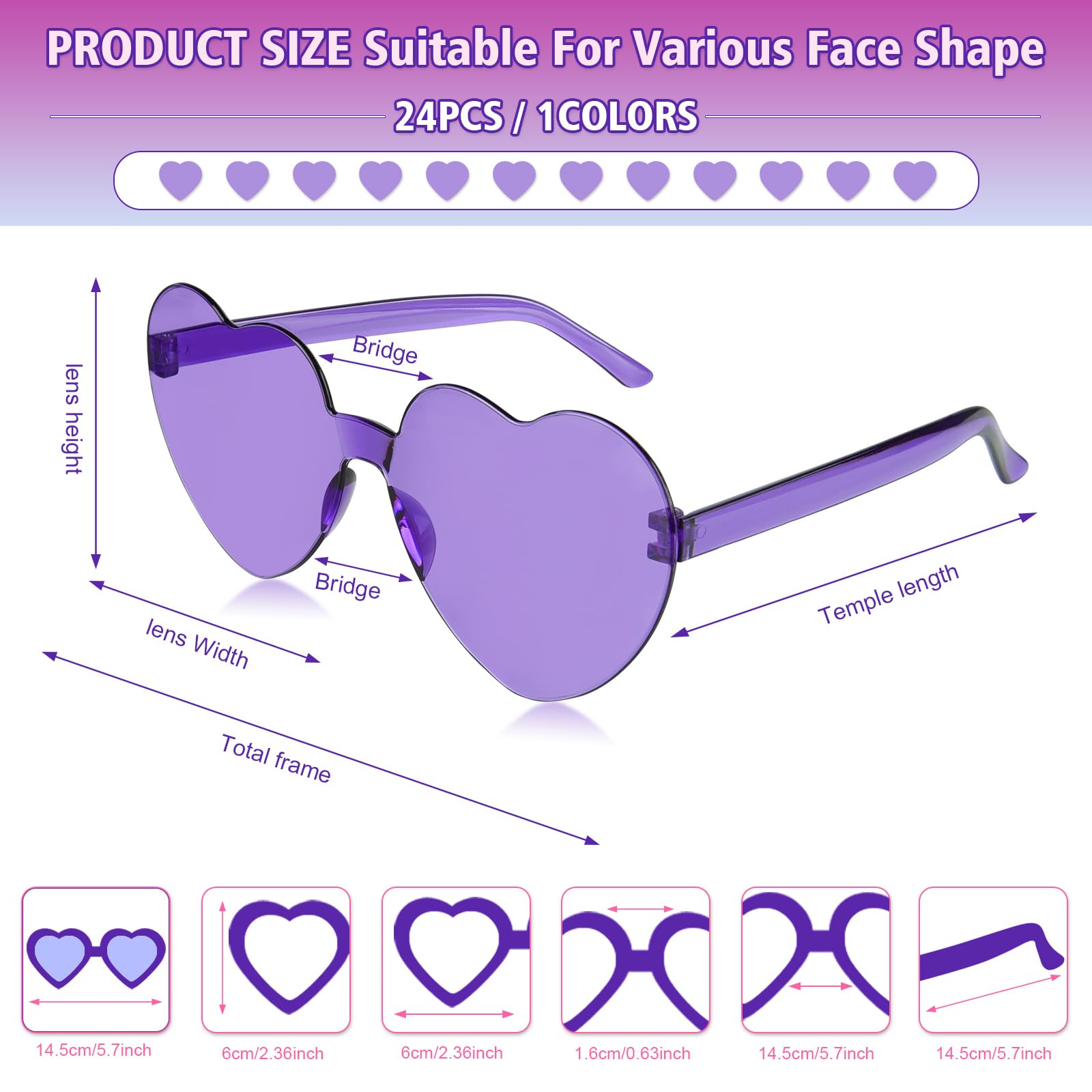 NACHLYNN 24 Pairs Purple Heart Sunglasses for Women Rimless Heart Shaped Sunglasses Candy Heart Glasses for Party Favors