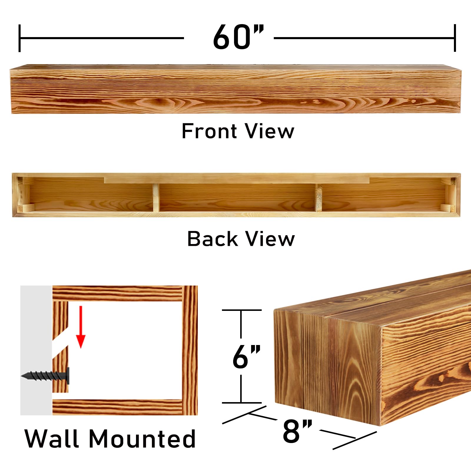 60 Inch Fireplace Mantel, Farmhouse Floating Fireplace Mantle, Wall Mounted Solid Rustic Wood Shelf, with Groove for Better Fireplace Decor and Frame Display (60" W x 8" D x 6" H)