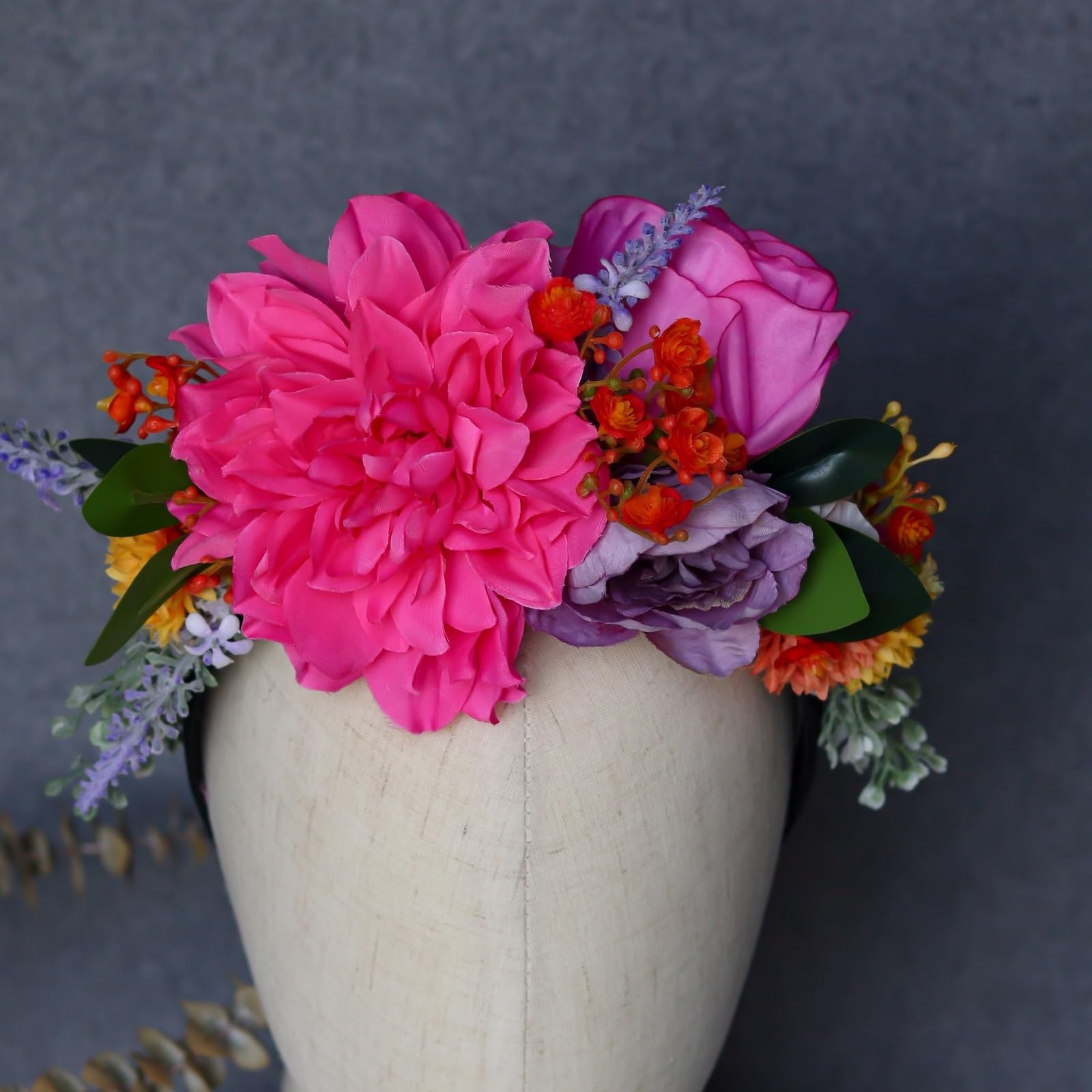 Vividsun Flower Crown Day of the dead Headpiece Party Fiesta Flower Headband (Pink fuchsia green leaf)