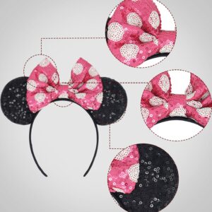 LIHELEI Minnie Ears Mouse Ears Headband with Sequin Bows, Headbands for Kids Halloween Costume, Headwear Hair Accessories for Women Girls - 3PCS Hot Pink