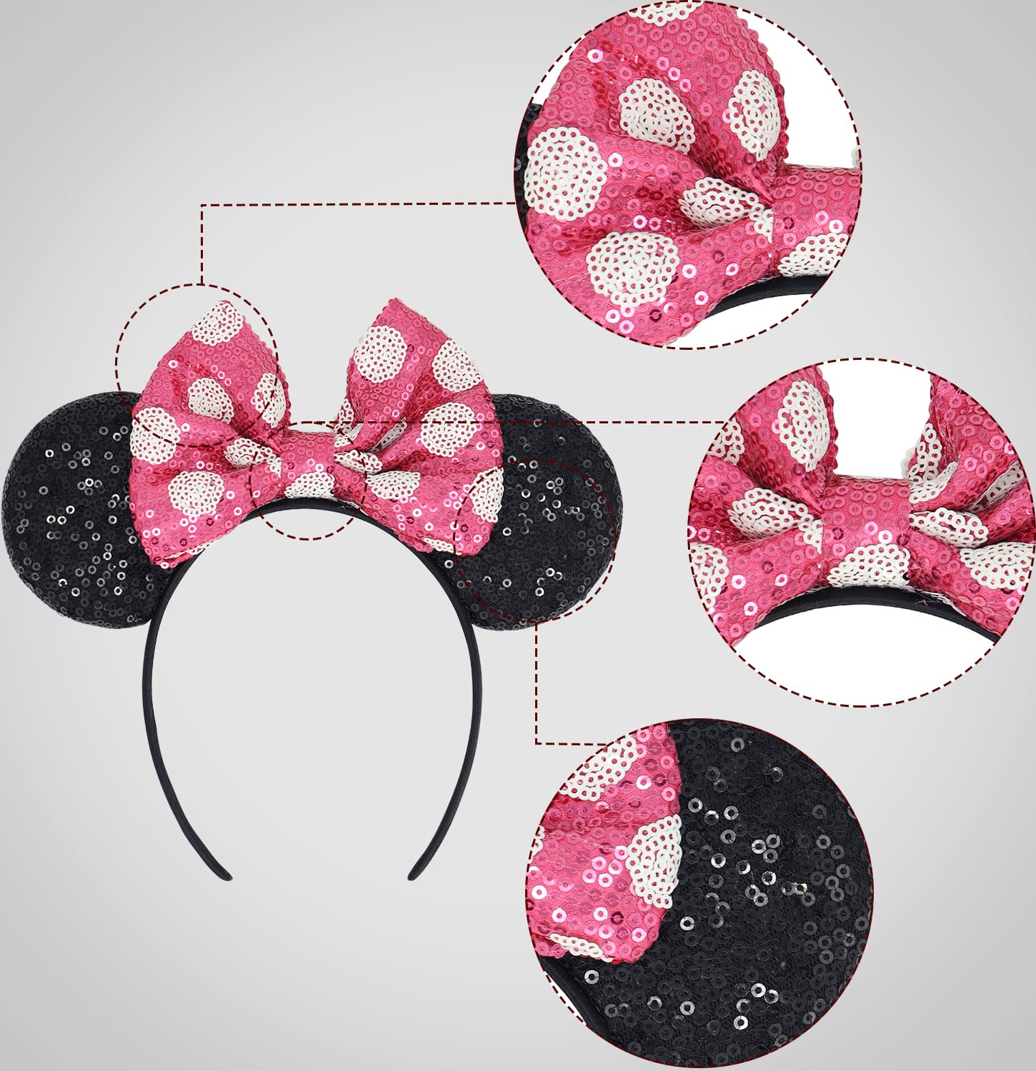 LIHELEI Minnie Ears Mouse Ears Headband with Sequin Bows, Headbands for Kids Halloween Costume, Headwear Hair Accessories for Women Girls - 3PCS Hot Pink