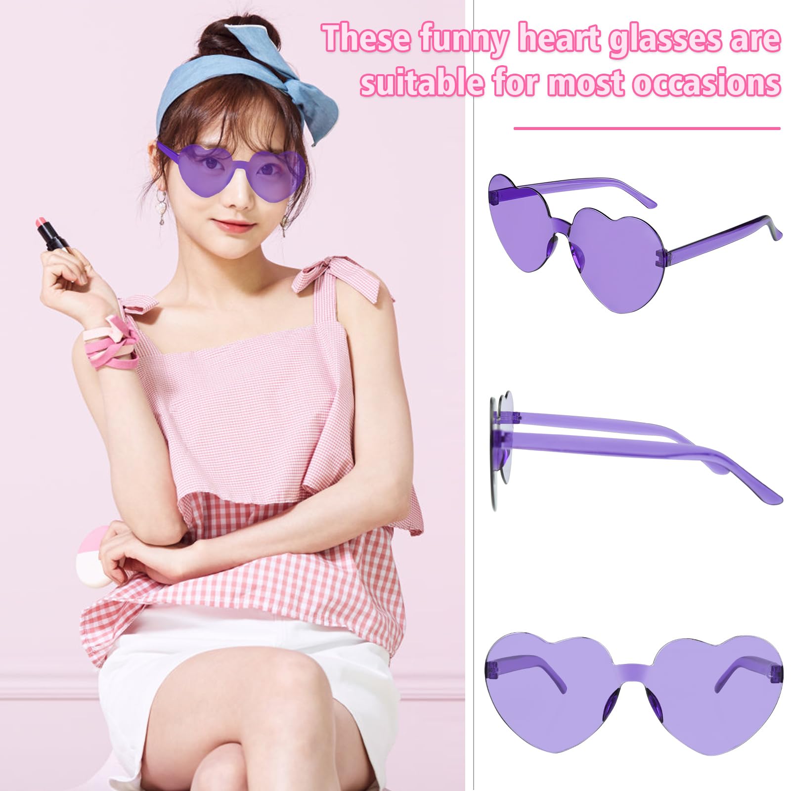 NACHLYNN 24 Pairs Purple Heart Sunglasses for Women Rimless Heart Shaped Sunglasses Candy Heart Glasses for Party Favors