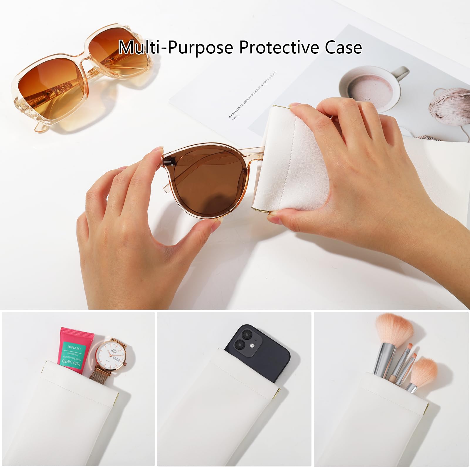 QSCFKL 4Pcs Squeeze Top Glasses Case, Glasses Cases Soft, Portable Sunglass Case Soft Leather Eyeglass Case for Women Men Kid