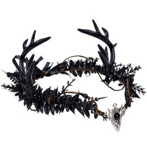 mostory gothic black antler crown - dark elf headpiece forest fairy headband fae deer horns circlet for women renaissance renfaire cosplay goth wedding halloween