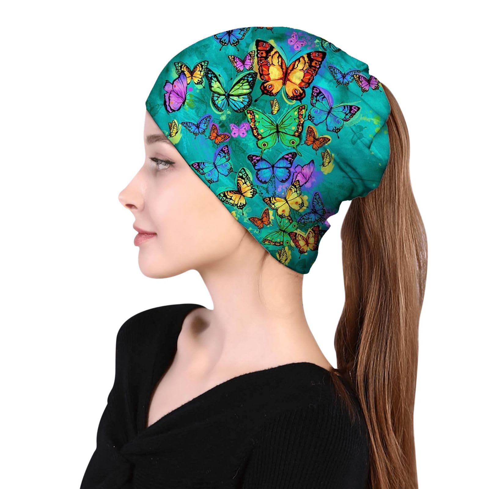 Rainbow Butterfly Beanie Chemo Hat Cancer Headwear Skull Hat Knitted Hat Scarf Nightcap Skull Cap for Women Men