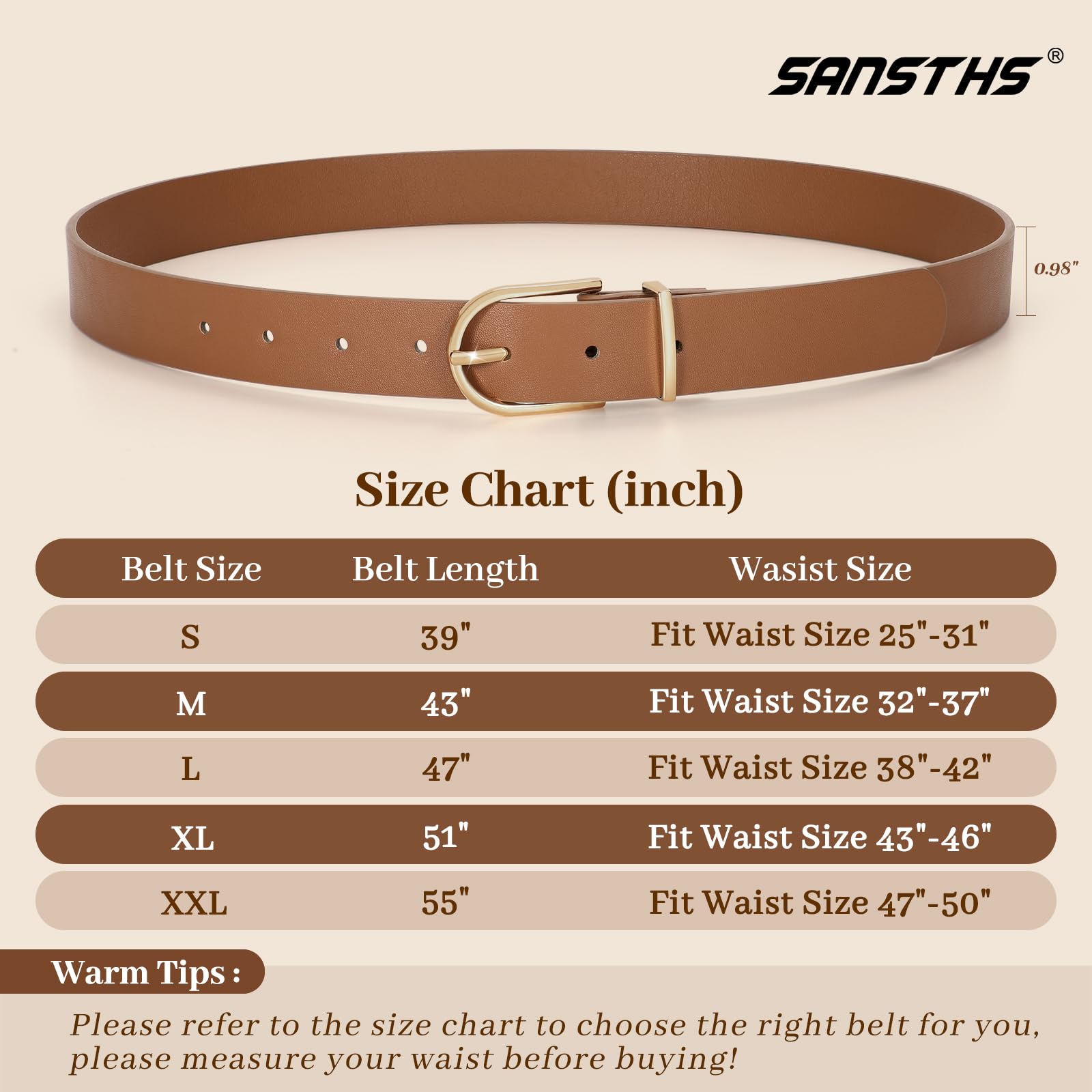 SANSTHS 3 Pack Women Faux Leather Chic Belts for Jeans Pants Fashion Ladies Belt Solid Color with Gold Curved Pin Buckle,Black Brown Beige,M