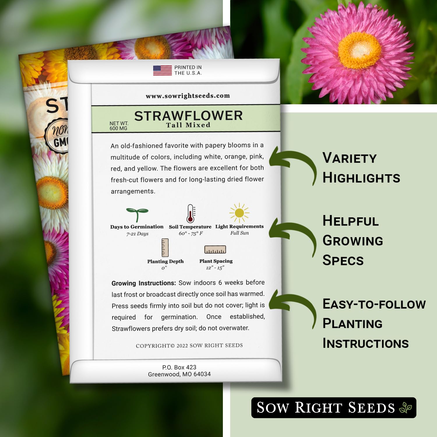 Sow Right Seeds - Tall Mixed Strawflower Seeds - Non-GMO Heirloom Packet with Instructions to Grow - Beautiful to Plant in Your Flower Garden - Cut Flower Favorite - Wonderful Gardening Gift (1)