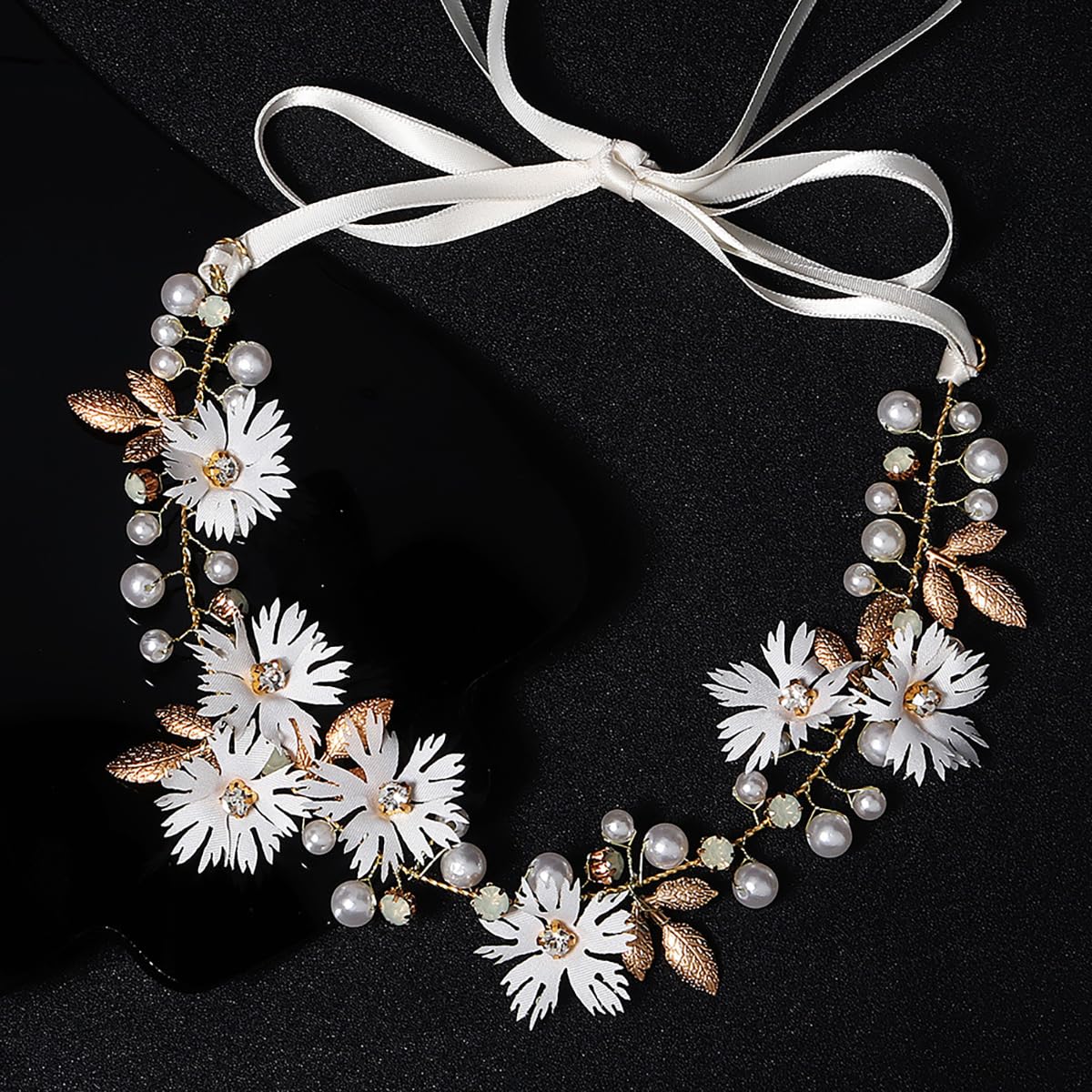 Auswalar 2 PCS Daisy Pearl Flower Vine Rhinestones Headband, Flower Headband Floral Hair Wreath Headpiece for Bridal Women Girls Hippie Wedding Party