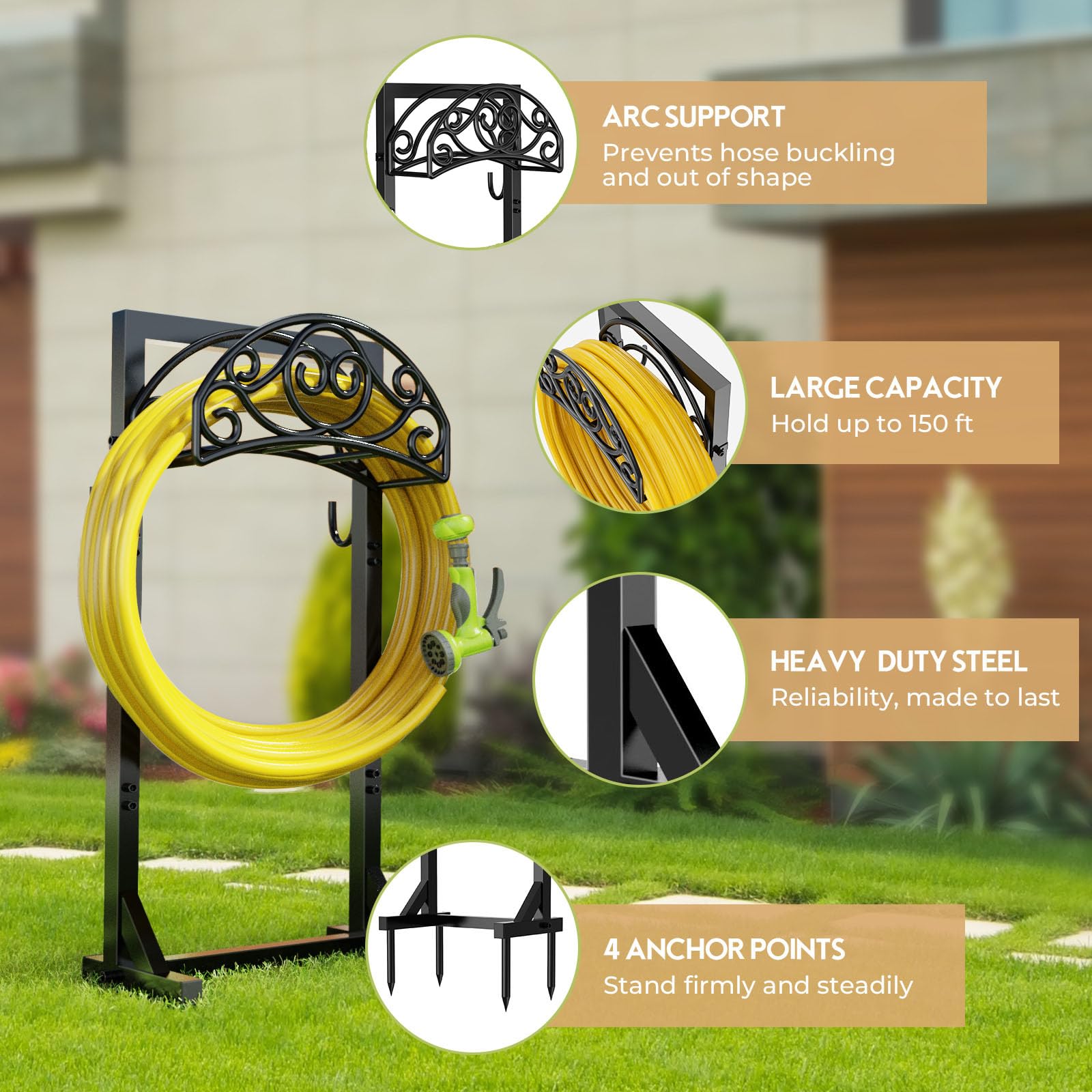 Patiobay Garden Hose Holder, Detachable Metal Water Hose Holder, Freestanding Heavy Duty Hanger Storage Stand for Outside Yard