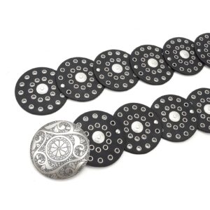 Dazzleimart Hollow Disc Belt Western Style Exaggerated Cowboy Wide Disc Belt Metal Buckle Vintage Soft Belt for Women (Black Silver-A, 101cm/39.7in)