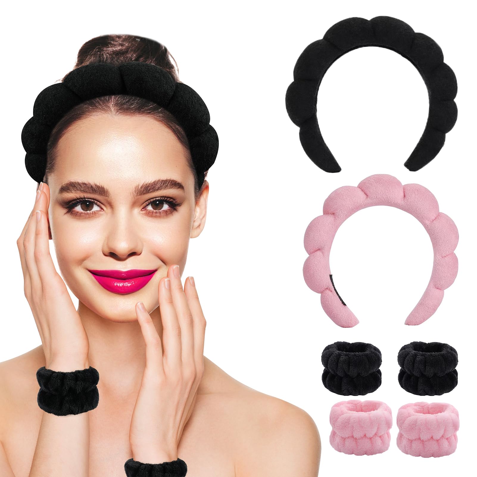 YANGYICHEN Sponge Terry Cloth Makeup Headband, 6-pack Skincare Headbands and Wristbands Set for Women and Girls, Spa Headband for Washing Face, Pink, Black