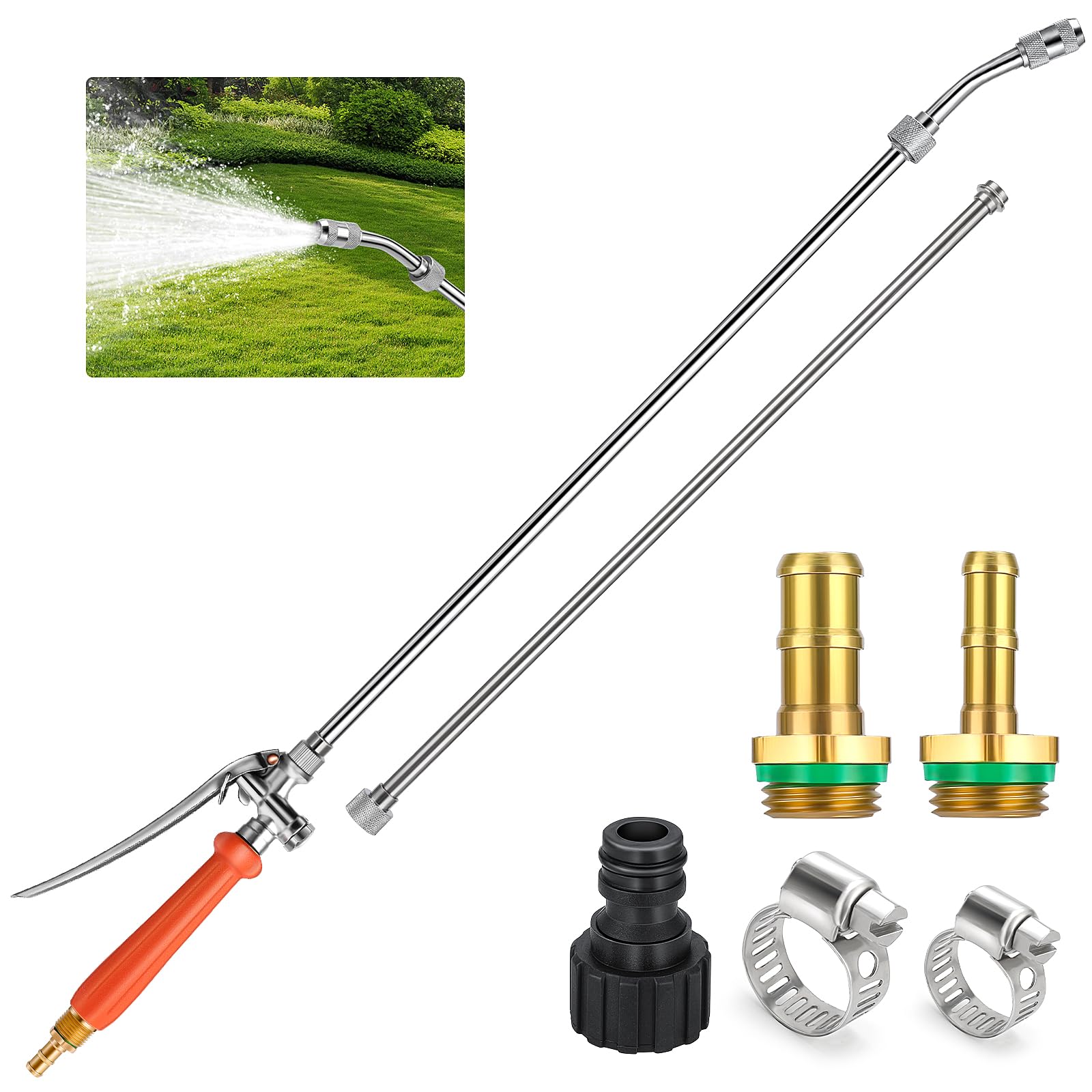 44 Inch Sprayer Wand, 3/8" & 1/4" Brass Barb Universal Sprayer Wand Replacement, Stainless Steel Sprayer Parts with Shut off Valve & 2 Hose Clamps, Spray Wands for Garden Hose, 1/2" Connector