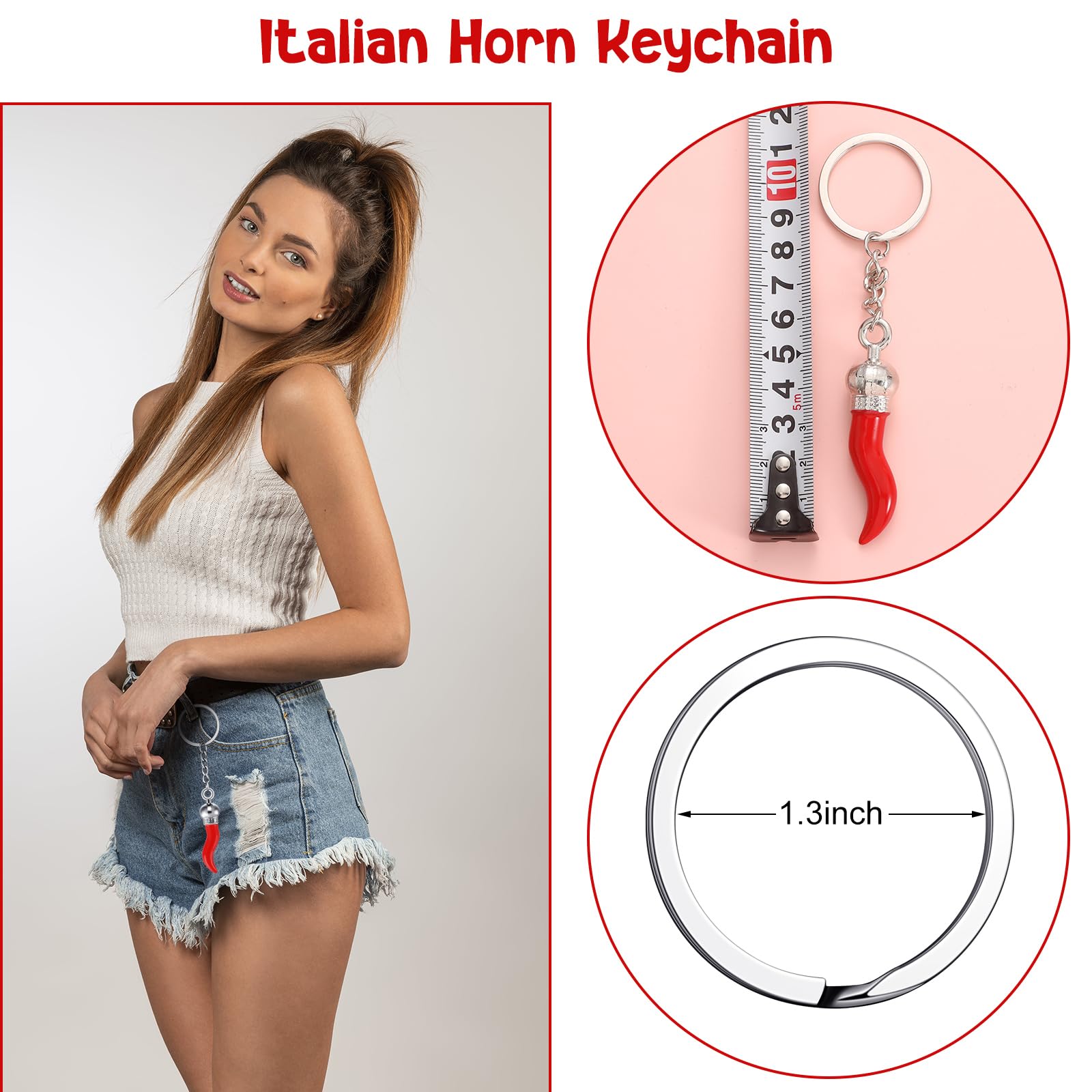 Remuuly 10 Pcs Italian Horn Keychain Italian Red Horn Charm Chili Pepper Keychain Souvenir for Car Mirror Accessories(Silver)