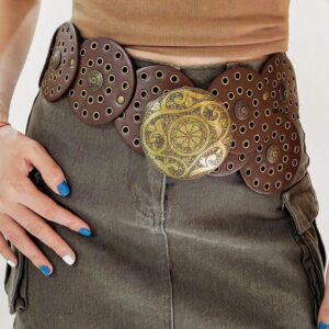 BAOKELAN Wide Disc Belts for Women Concho Leather Disk Link Belt Boho Western Waist Belts for Dress Brown